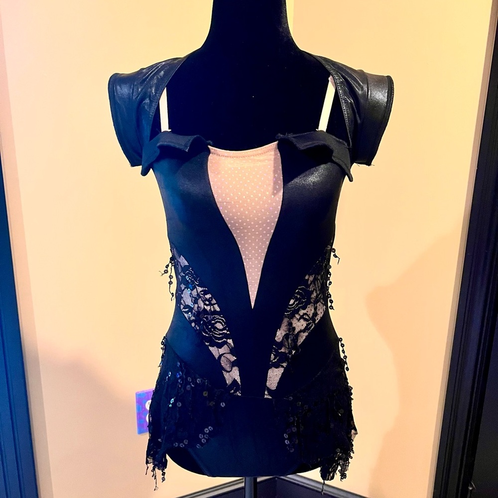 Black pleather, lace & sequin dance costume Small Adult